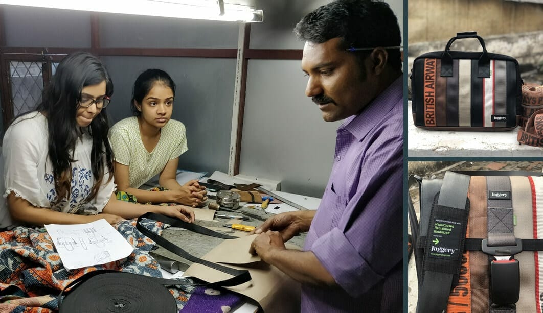 TwoJaggery workers collaborate to create upcycled bags and totes.