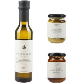 Artisan culinary set; garlic olive oil, wild caper olive tapenade, and wild caper tomato tapenade