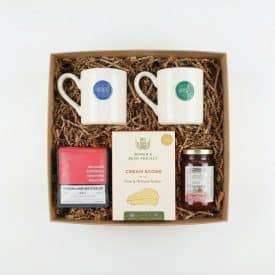 Breakfast in Bed Gift Box a gift set in a gift box with two coffee mugs, coffee, scone mix, and jam