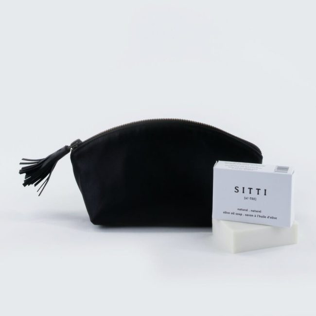 Gift- ready Luxury in a pouch; black pouch with bar soap