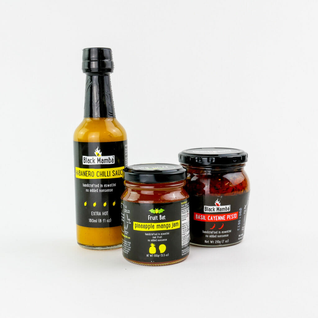 This condiment gift set includes chilli sauce, jam, and pesto.
