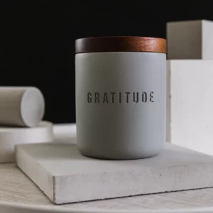 Gratitude candle with cement vessel and wooden lid