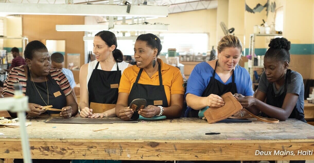 Five amazing women creating crafts around a wooden table
