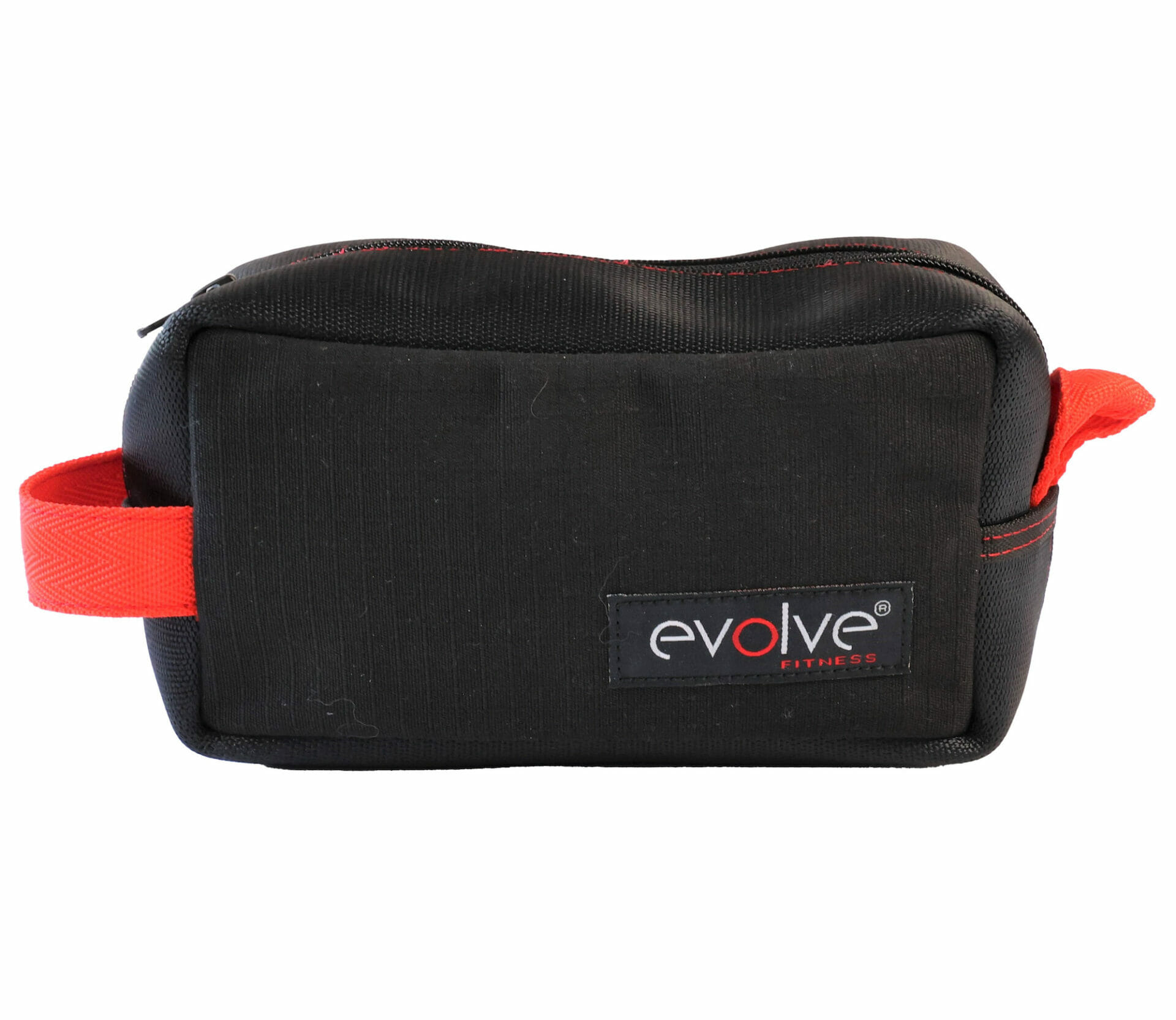 Black pouch with red accents, customized with the Evolve Fitness logo