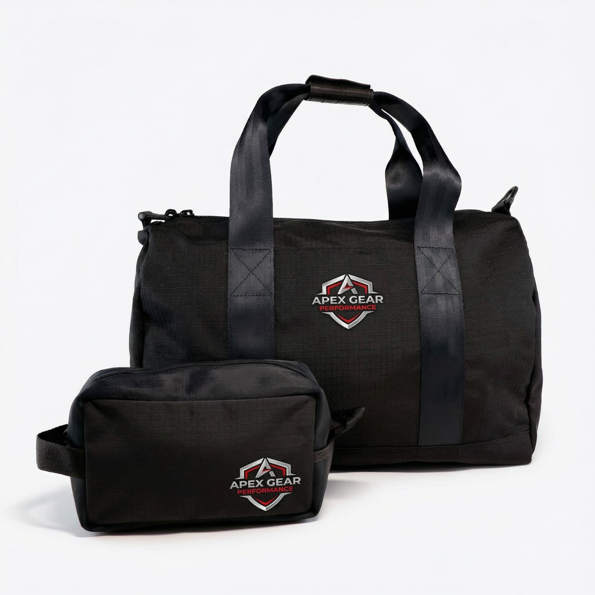 jaggery overnight bag and nomad pouch a black overnight bag and black dopp bag with a logo on each