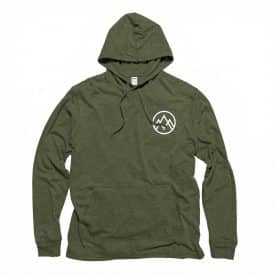 GOEX long sleeve hooded tee a brandable olive green long sleeve hooded tee with a small logo over the heart