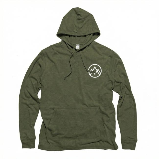 a brandable olive green long sleeve hooded tee with a small logo over the heart