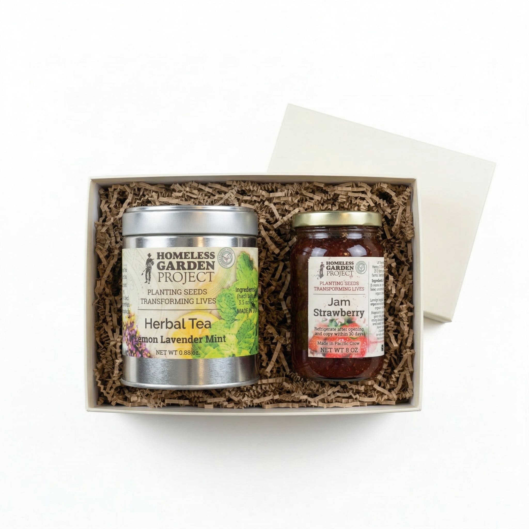HGP Garden Joy Gift Box white background a gift box with tea and jam from the Homeless Garden Project