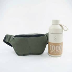 Sustainable Duo A sustainable corporate gift set with a white, reusable water bottle that rescues ocean plastic and an upcycled fanny pack in army green