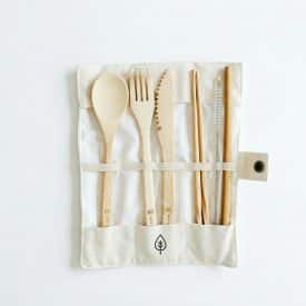 W+S utensil rollup fake logo reusable bamboo utensils in a cream-colored roll up meant to store the utensils