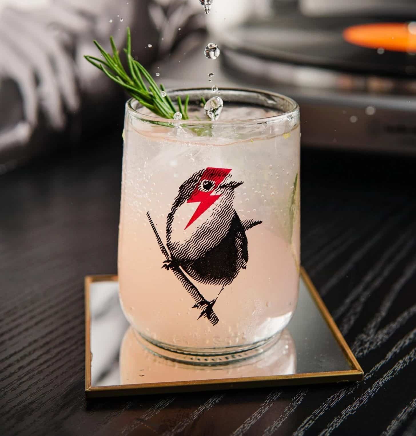 Upcycled glass with bird artwork from artist Mayte Oliva on glass coaster