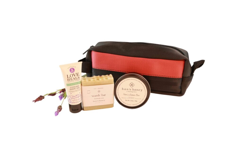 Jaggery Spa Mens2 wellness gift set with upcycled mens dopp kit, warsh bar, soap bar, and cooling shave gel