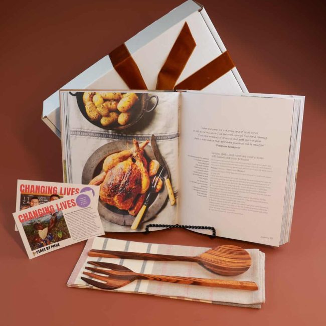 Corporate Holiday Gift box with cookbook, salad servers, and a tea towel