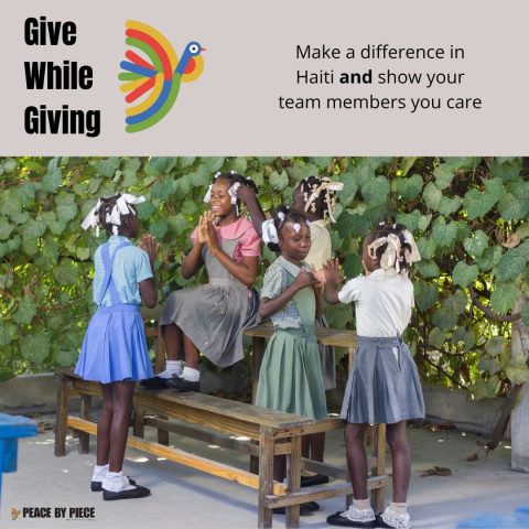 Giving Tuesday photo school girls standing and playing in new shoes