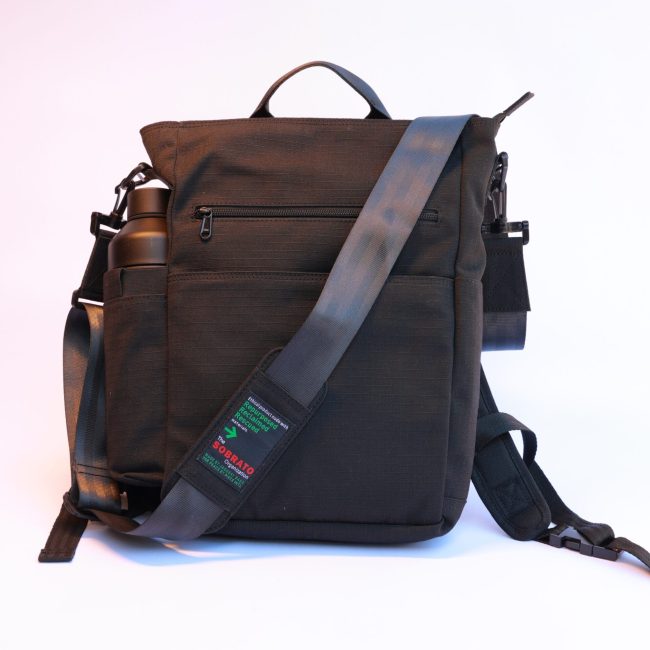 black backpack made of upcycled materials