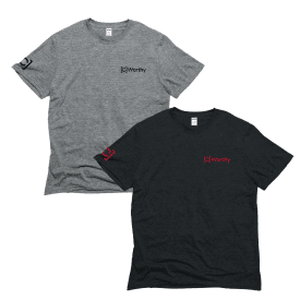 C Worthy Mockups GOEX Corporate SWAG that gives back - a black and gray t-shirt each with a company logo