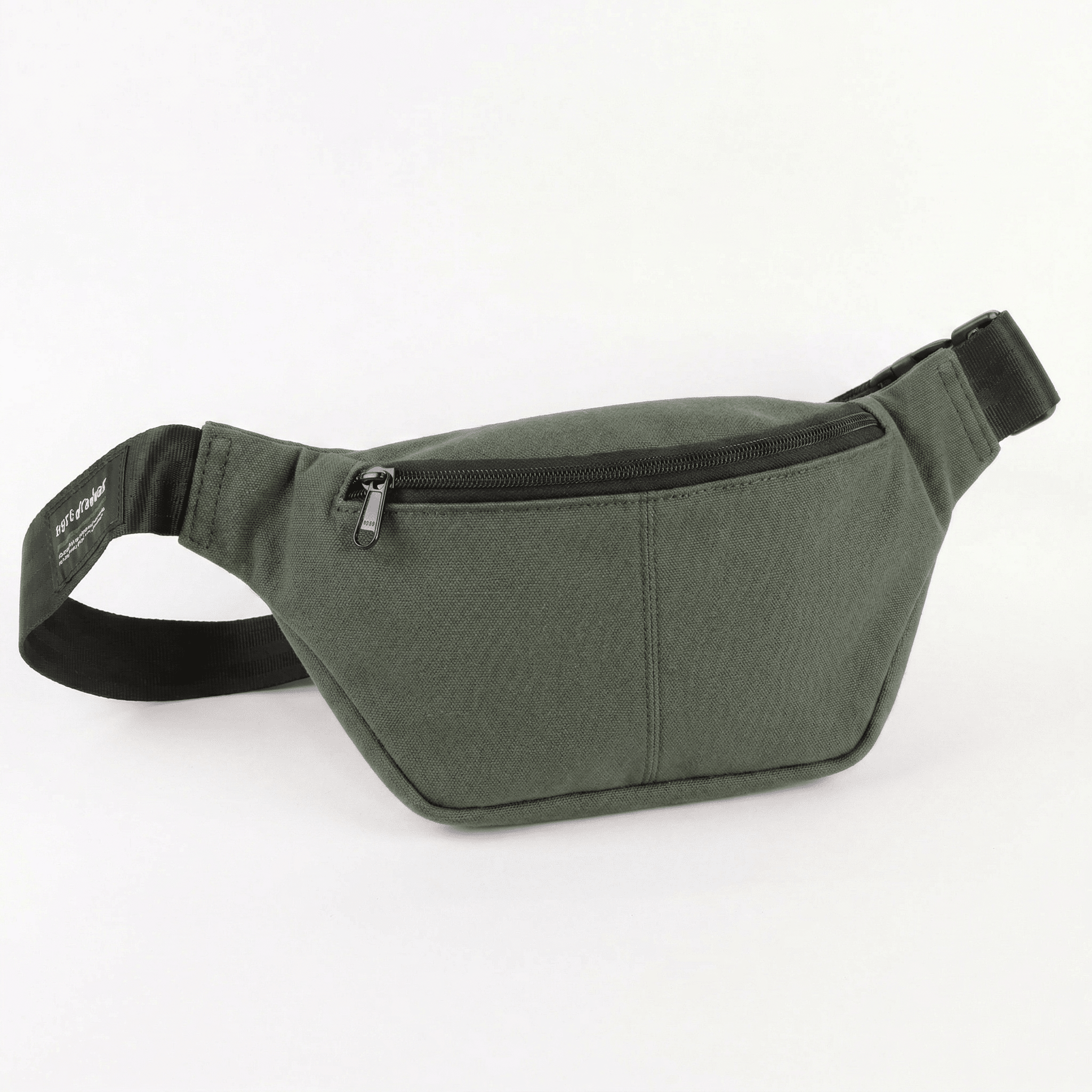 Upcycled Canvas Sling - UPDATED color shot a sling/fanny pack in taupe green with a front zipper pocket. Made from upcycled materials
