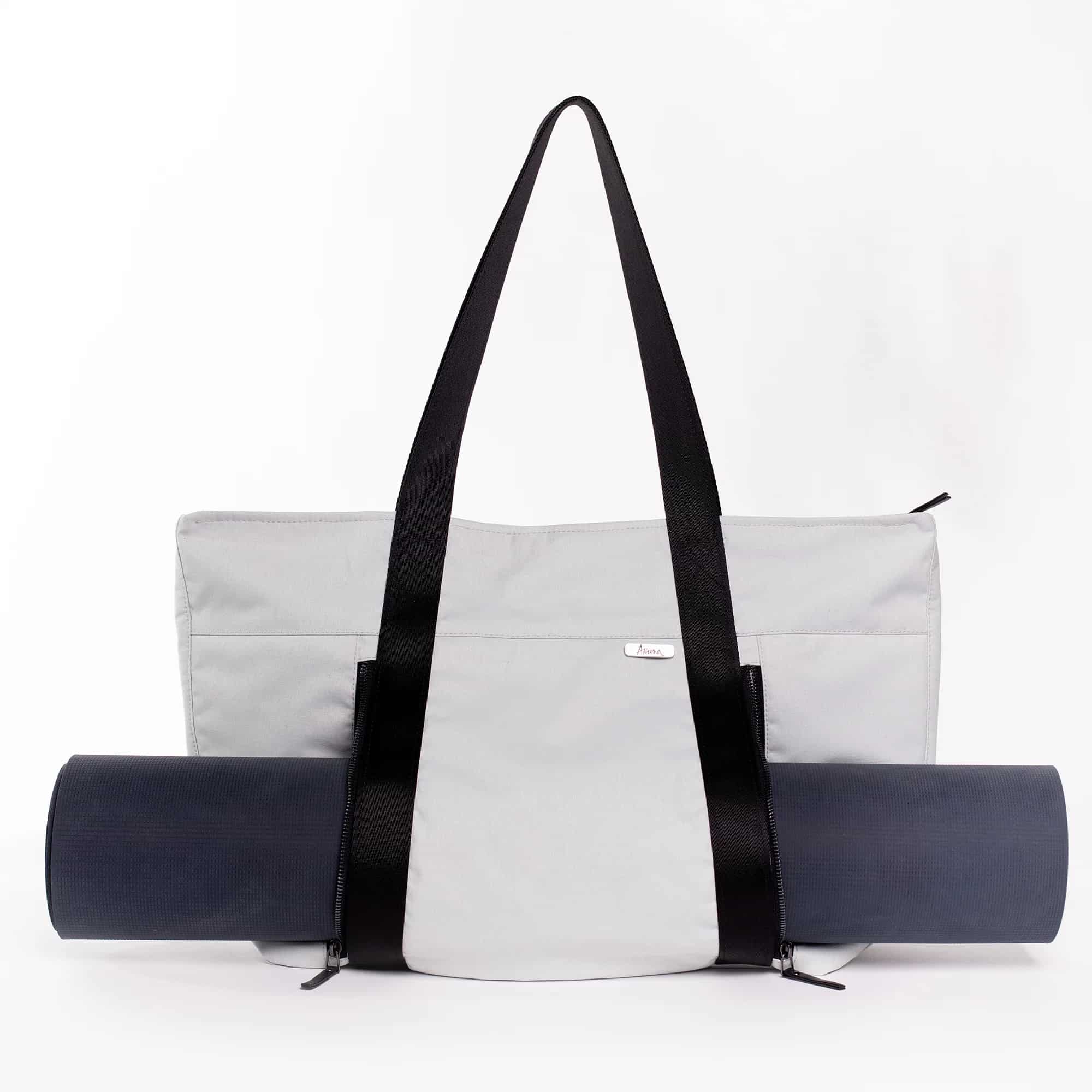 aruna light gray athletic tote an athletic tote with a unique pocket that fits a yoga mat - a great executive gift idea