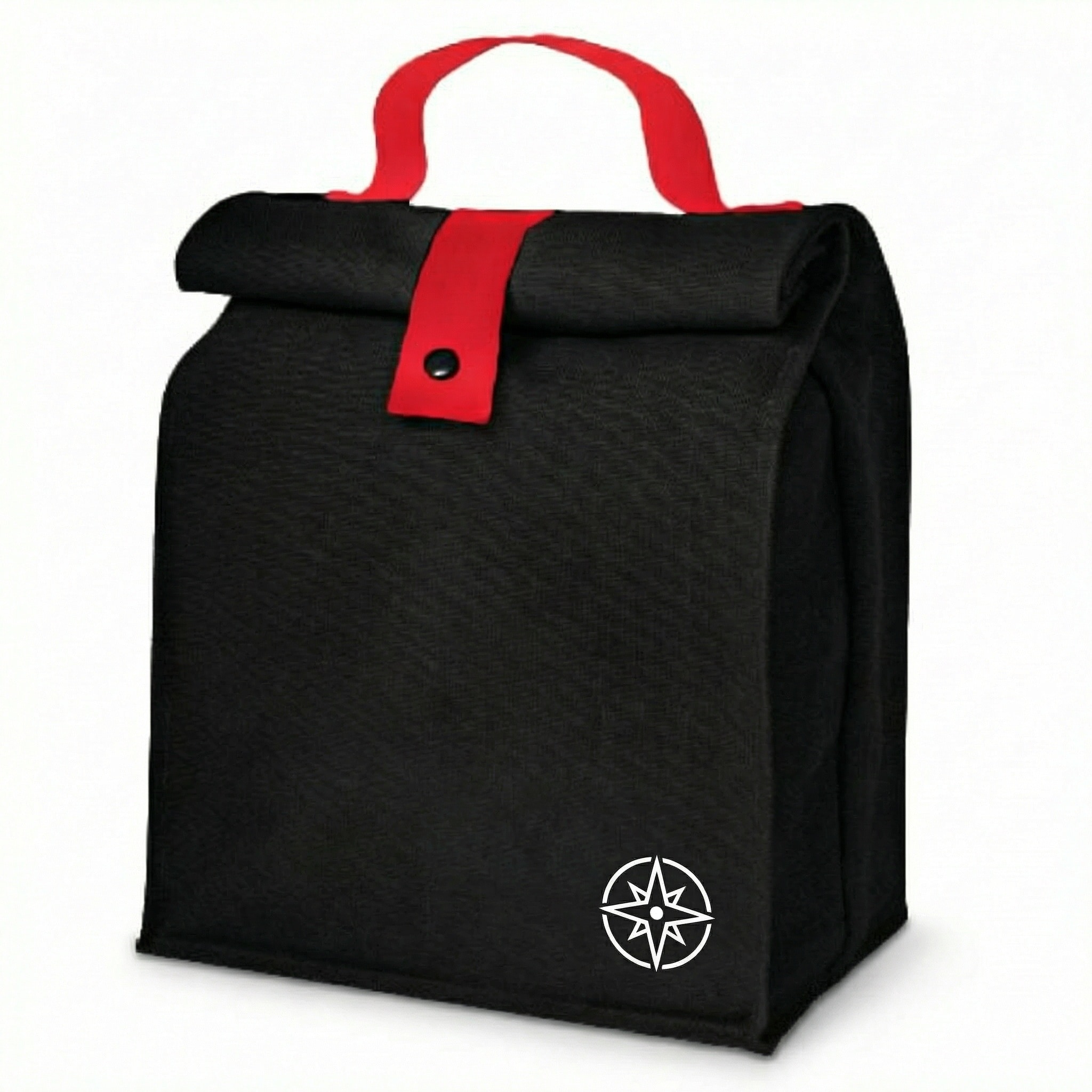 W+S lunch sack fake logo A black reusable lunch sack with a red handle and snap closure. A small white corporate logo lies in the bottom right hand corner