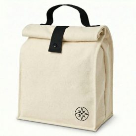 W+S sustainable lunch sack in NATURAL a cream colored reusable lunch sack with a black handle and a small black corporate logo in the bottom right hand corner
