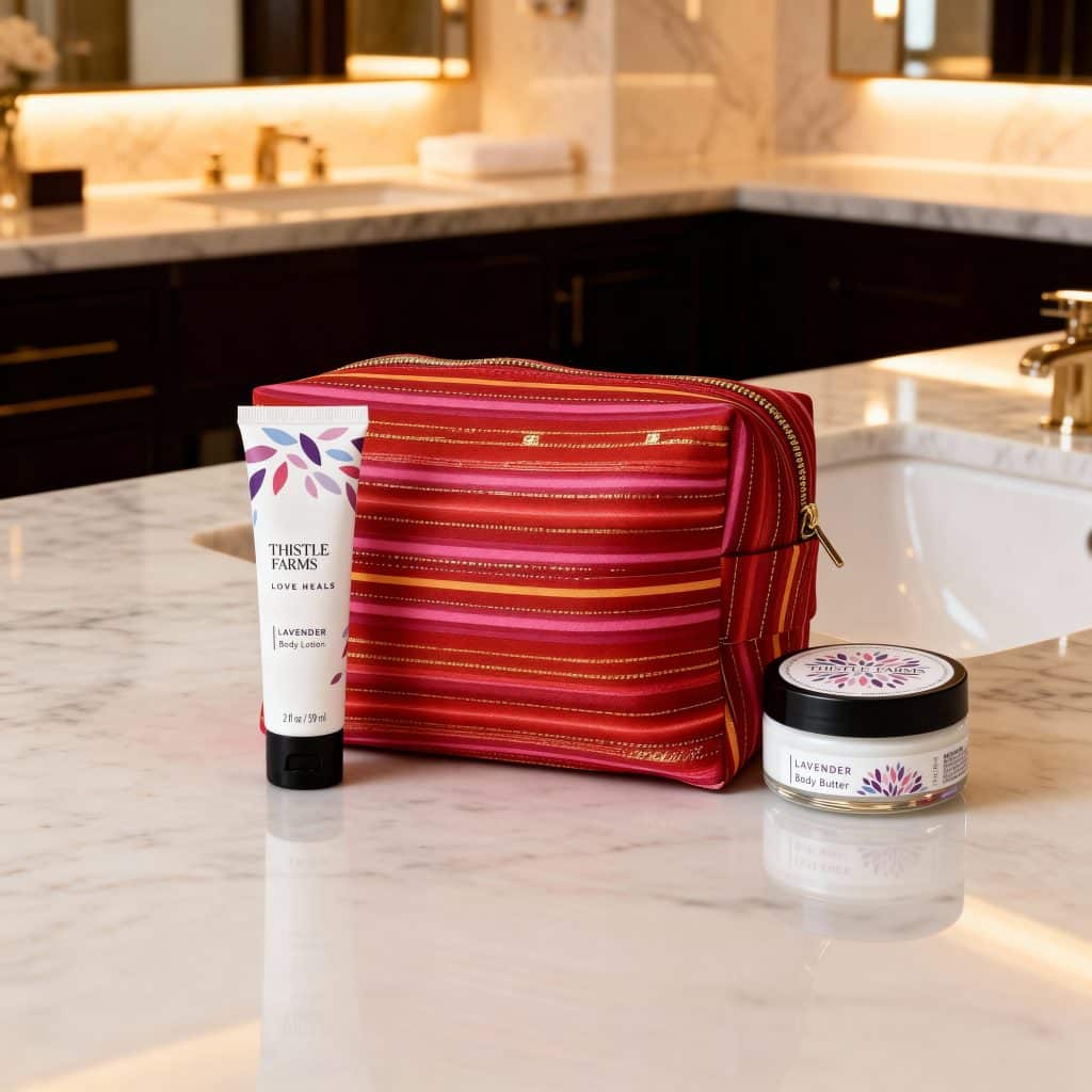 a striped toiletries pouch in traditional Guatemalan fabric placed next to a lotion and a body butter in a luxurious bathroom - a unique international women's day gift that supports women who have survived trafficking and is helping change gender perceptions for women in Guatemala