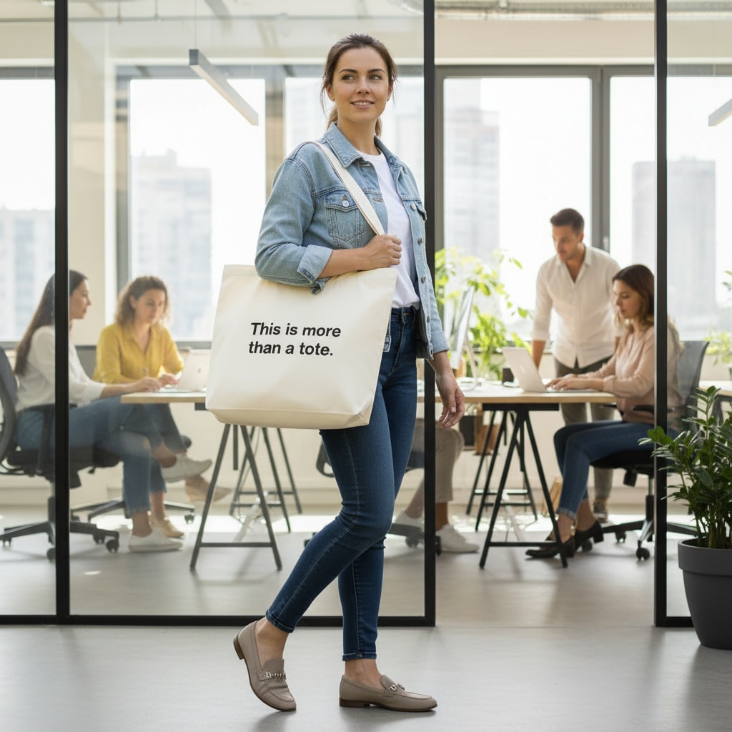 A woman carrying an event tote with purpose in a casual office setting