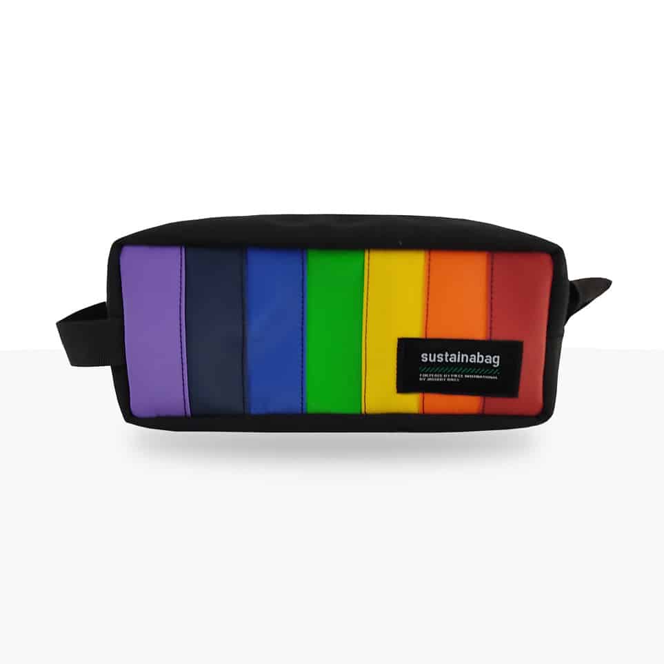 jaggery bouncy castle dopp kit a rainbow colored dopp kit made from upcycled bouncy castles