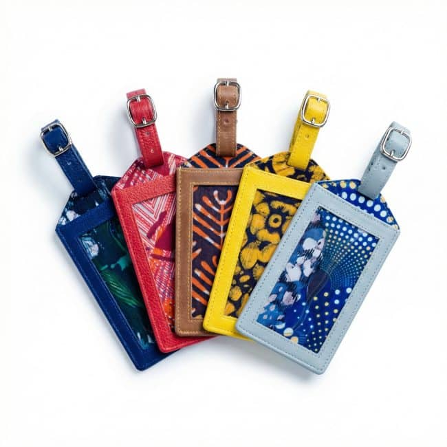 colorful luggage tags laid out in a row that can be branded with a company logo