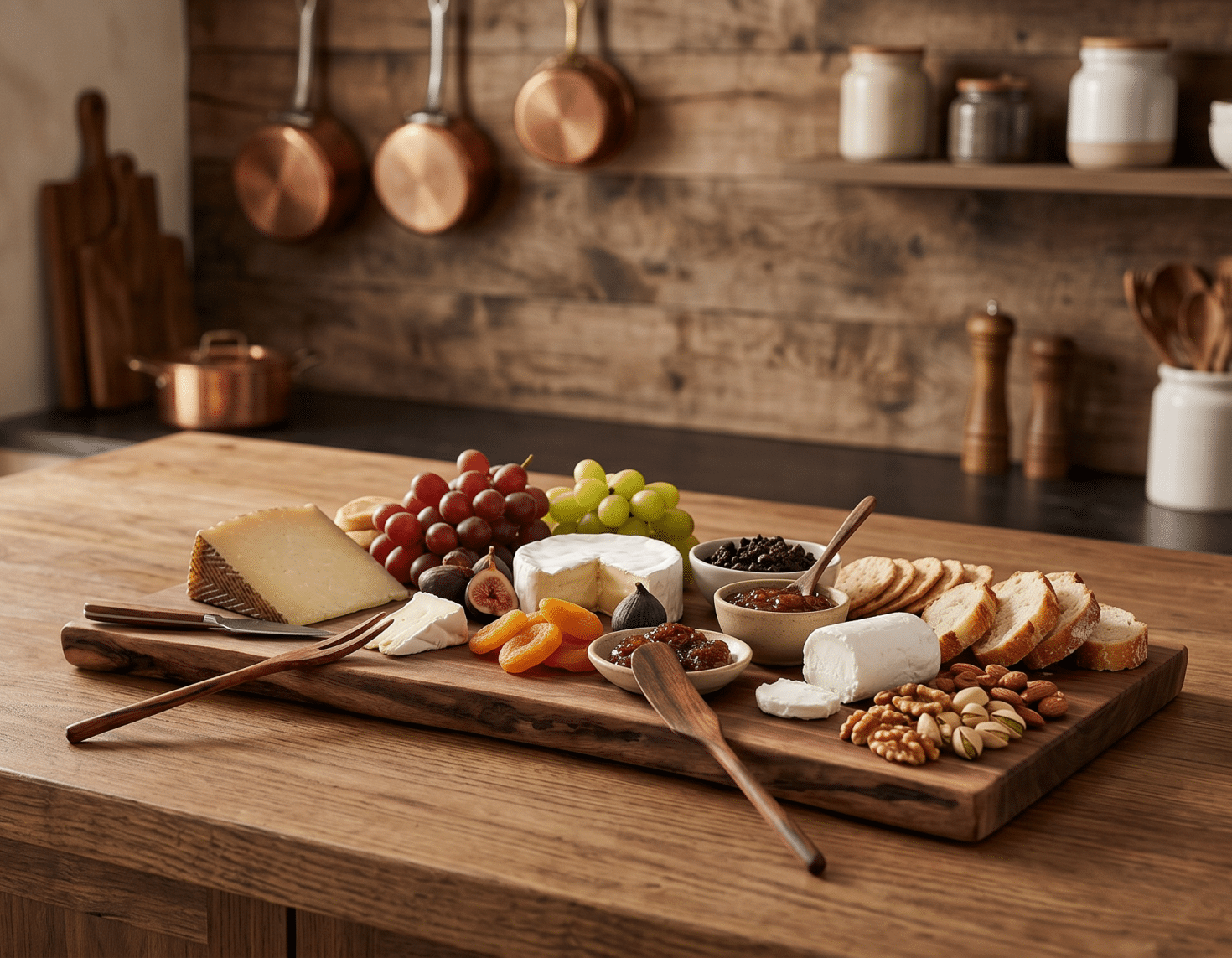 Itza Wood Pick and Spreader Lifestyle a beautifully arranged charcuterie board with handcrafted wooden picks and spreaders to accompany cheese, spreads, and other snacks