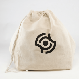 mi eelo drawstring gift bag A cream-colored drawstring muslin bag with a simple corporate logo sits against a white background